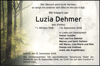 Traueranzeige von Luzia Dehmer von Schwetzinger Zeitung