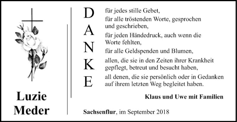  Traueranzeige für Luzie Meder vom 22.09.2018 aus Fränkische Nachrichten