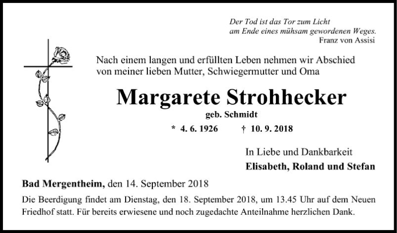  Traueranzeige für Margarete Strohhecker vom 14.09.2018 aus Fränkische Nachrichten