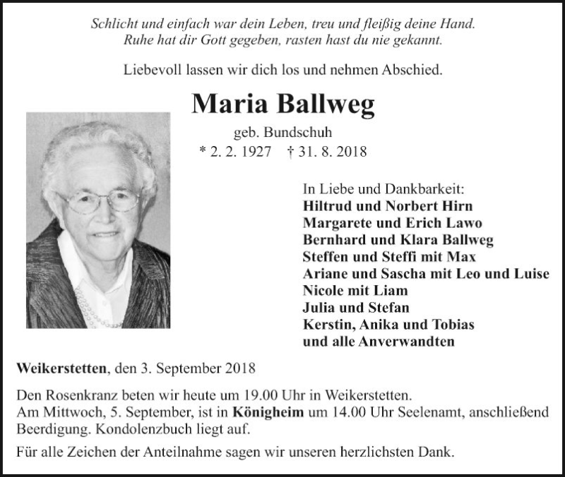  Traueranzeige für Maria Ballweg vom 03.09.2018 aus Fränkische Nachrichten