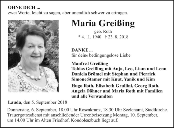 Traueranzeige von Maria Greißing von Fränkische Nachrichten