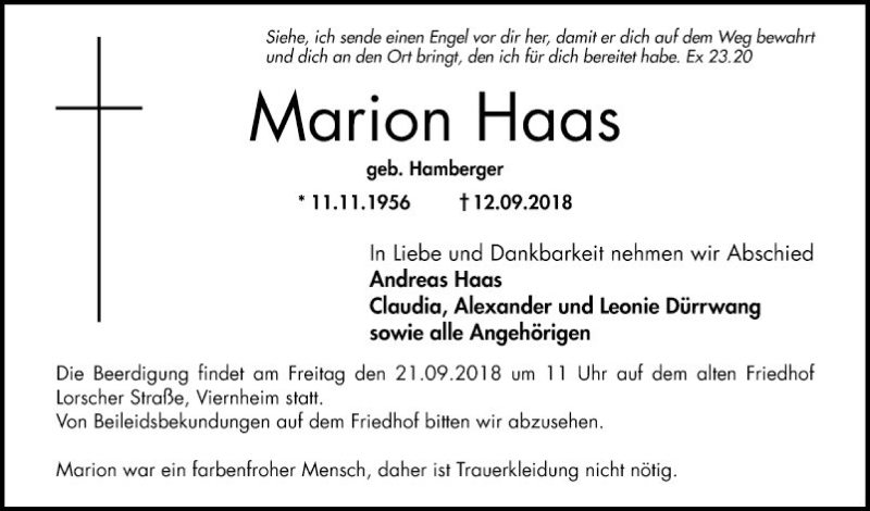  Traueranzeige für Marion Haas vom 15.09.2018 aus Südhessen Morgen