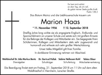 Traueranzeige von Marion Haas von Bergsträßer Anzeiger