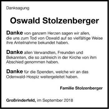 Traueranzeige von Oswald Stolzenberger von Fränkische Nachrichten