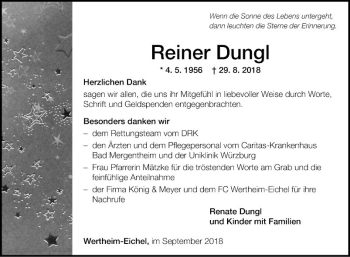 Traueranzeige von Reiner Dungl von Fränkische Nachrichten