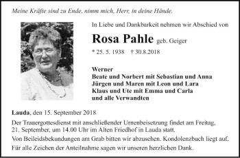 Traueranzeige von Rosa Pahle von Fränkische Nachrichten