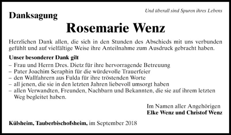  Traueranzeige für Rosemarie Wenz vom 29.09.2018 aus Fränkische Nachrichten