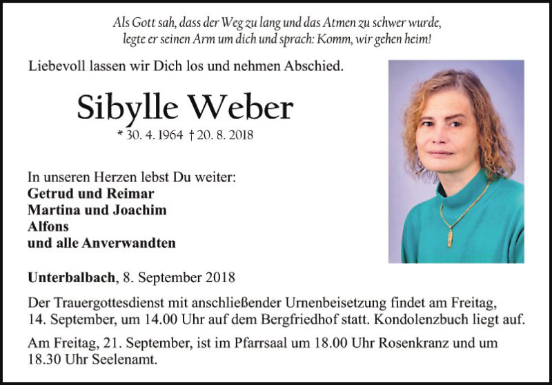  Traueranzeige für Sibylle Weber vom 08.09.2018 aus Fränkische Nachrichten