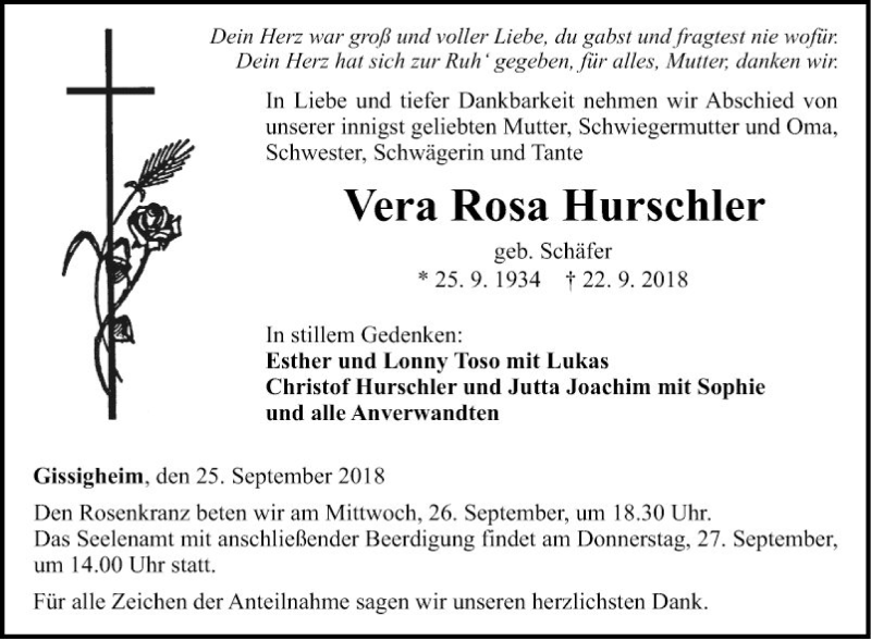  Traueranzeige für Vera Rosa Hurschler vom 25.09.2018 aus Fränkische Nachrichten