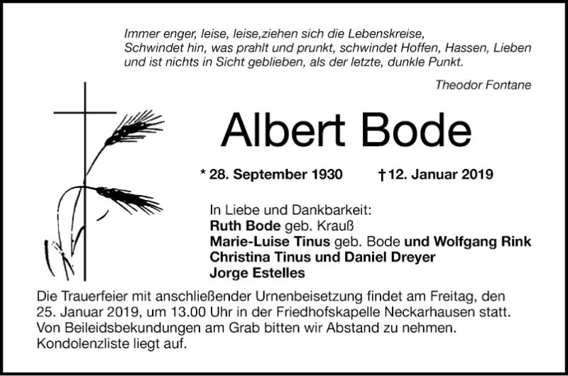  Traueranzeige für Albert Bode vom 19.01.2019 aus Mannheimer Morgen