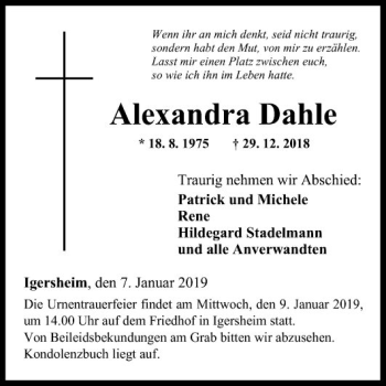 Traueranzeige von Alexandra Dahle von Fränkische Nachrichten