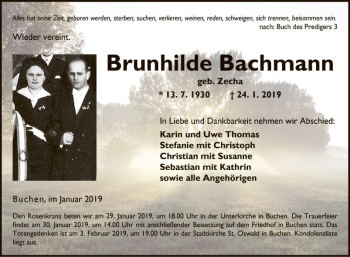 Traueranzeige von Brunhilde Bahmann von Fränkische Nachrichten