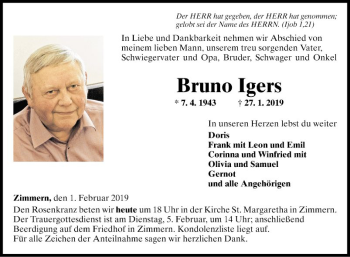 Traueranzeige von Bruno Igers von Fränkische Nachrichten