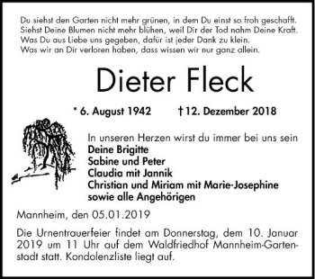 Traueranzeige von Dieter Fleck von Mannheimer Morgen