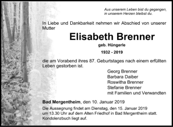 Traueranzeige von Elisabeth Brenner von Fränkische Nachrichten