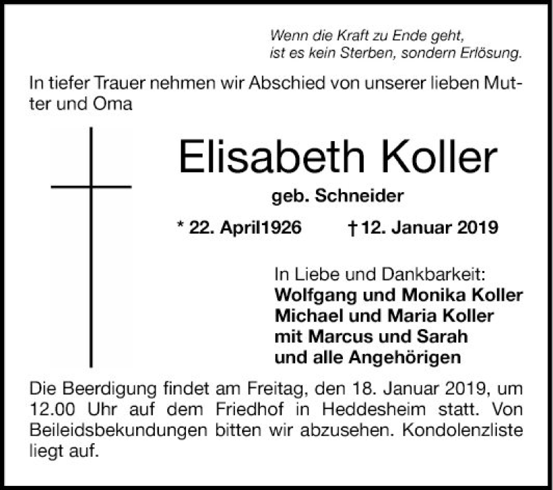  Traueranzeige für Elisabeth Koller vom 17.01.2019 aus Mannheimer Morgen