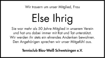 Traueranzeige von Else Ihrig von Schwetzinger Zeitung