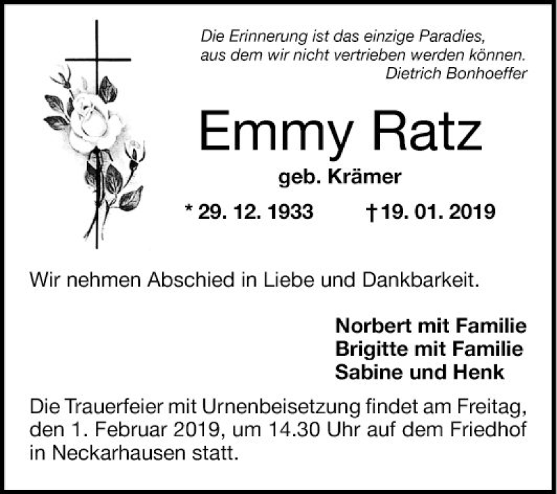  Traueranzeige für Emmy Ratz vom 26.01.2019 aus Mannheimer Morgen