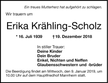 Traueranzeige von Erika Krähling-Scholz von Mannheimer Morgen