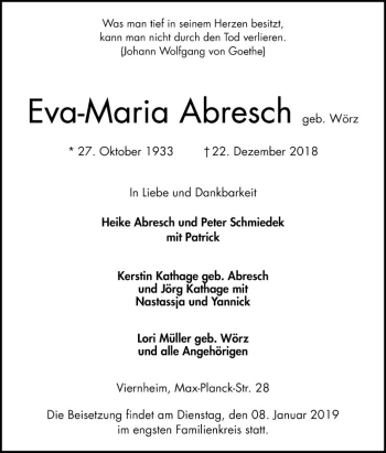 Traueranzeige von Eva-Maria Abresch von Mannheimer Morgen