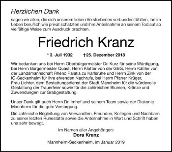 Traueranzeige von Friedrich Kranz von Mannheimer Morgen