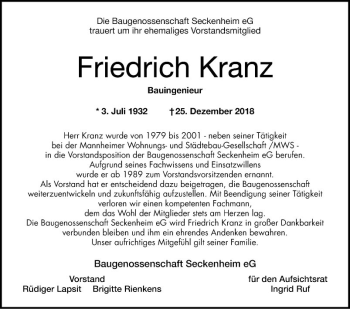 Traueranzeige von Friedrich Kranz von Mannheimer Morgen