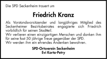 Traueranzeige von Friedrich Kranz von Mannheimer Morgen