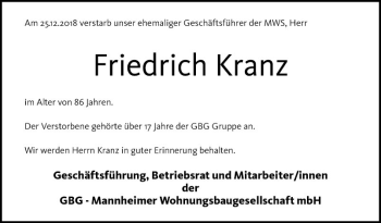 Traueranzeige von Friedrich Kranz von Mannheimer Morgen