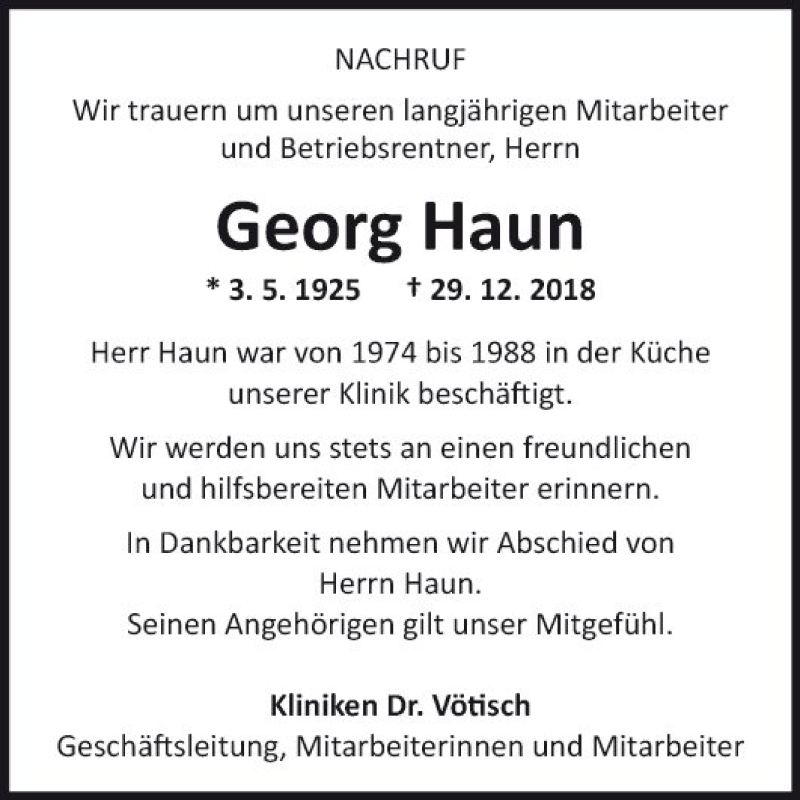  Traueranzeige für Georg Haun vom 08.01.2019 aus Fränkische Nachrichten