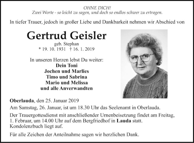  Traueranzeige für Gertrud Geisler vom 25.01.2019 aus Fränkische Nachrichten