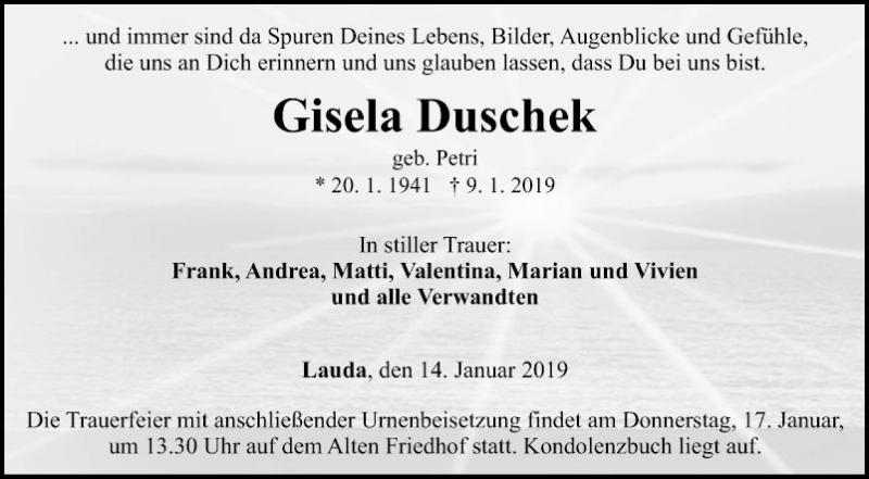  Traueranzeige für Gisela Duschek vom 14.01.2019 aus Fränkische Nachrichten