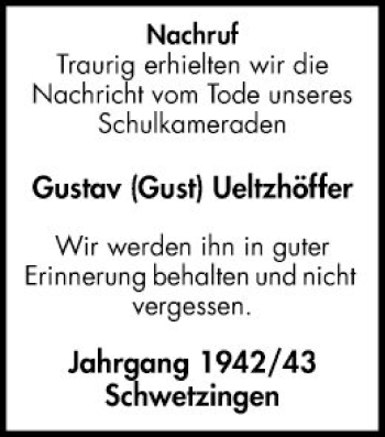 Traueranzeige von Gustav Gust Ueltzhöffer von Schwetzinger Zeitung