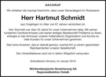 Traueranzeige von Hartmut Schmidt von Fränkische Nachrichten