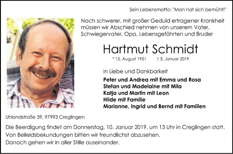  Traueranzeige für Hartmut Schmidt vom 08.01.2019 aus Fränkische Nachrichten