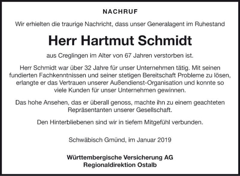  Traueranzeige für Hartmut Schmidt vom 09.01.2019 aus Fränkische Nachrichten