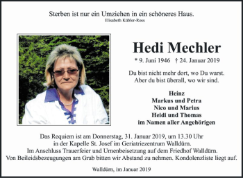 Traueranzeige von Hedi Mechler von Fränkische Nachrichten