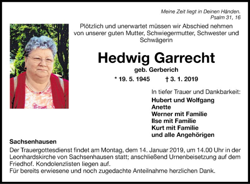  Traueranzeige für Hedwig Garrecht vom 11.01.2019 aus Fränkische Nachrichten