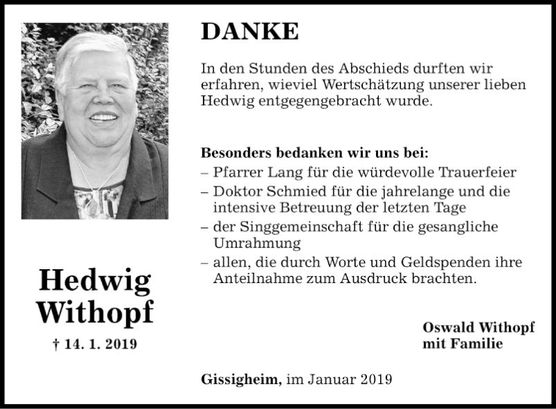  Traueranzeige für Hedwig Withopf vom 26.01.2019 aus Fränkische Nachrichten
