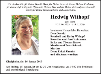 Traueranzeige von Hedwig Withopf von Fränkische Nachrichten