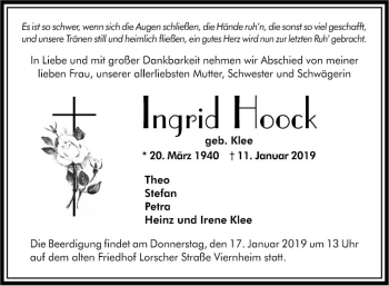 Traueranzeige von Ingrid Hook von Südhessen Morgen