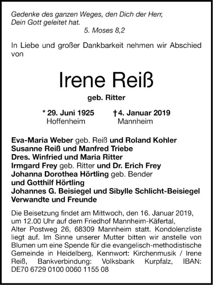  Traueranzeige für Irene Reiß vom 12.01.2019 aus Mannheimer Morgen