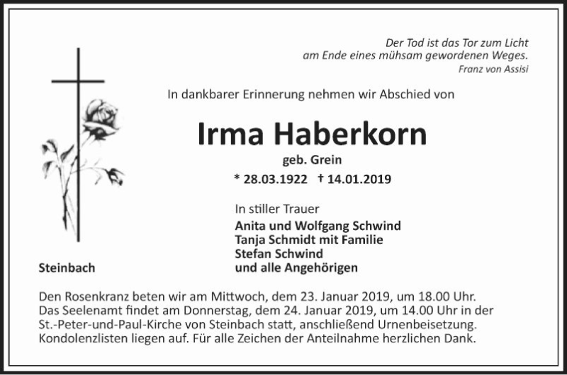  Traueranzeige für Irma Haberkeim vom 19.01.2019 aus Fränkische Nachrichten