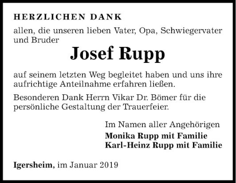  Traueranzeige für Josef Rupp vom 16.01.2019 aus Fränkische Nachrichten