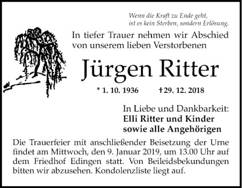  Traueranzeige für Jürgen Ritter vom 05.01.2019 aus Mannheimer Morgen
