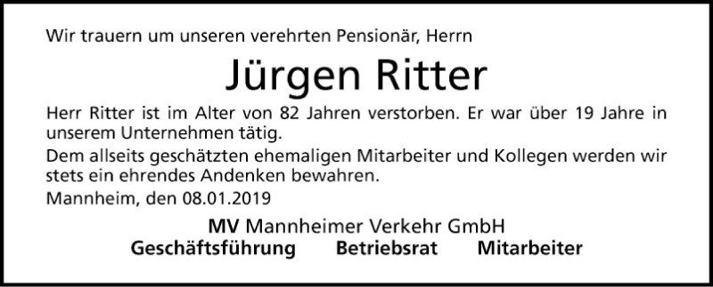  Traueranzeige für Jürgen Ritter vom 08.01.2019 aus Mannheimer Morgen