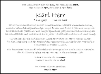 Traueranzeige von Karl Herr von Fränkische Nachrichten