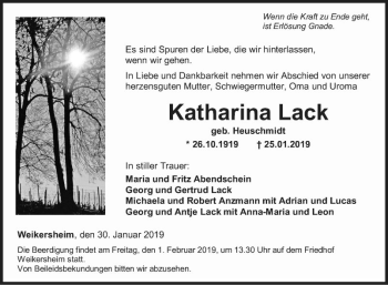 Traueranzeige von Katharina Lack von Fränkische Nachrichten