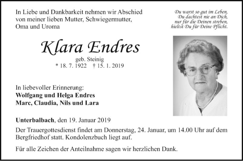  Traueranzeige für Klara Endres vom 19.01.2019 aus Fränkische Nachrichten