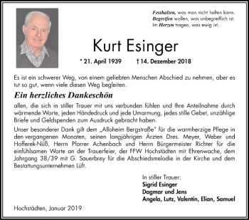 Traueranzeige von Kurt Esinger von Bergsträßer Anzeiger
