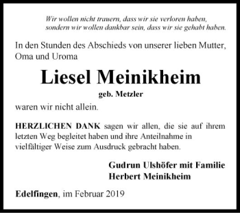 Traueranzeige von Liesel Meinikheim von Fränkische Nachrichten